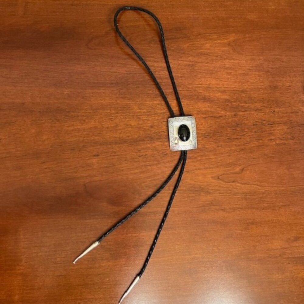 Sterling Silver, Black Onyx and Leather Bolo Tie